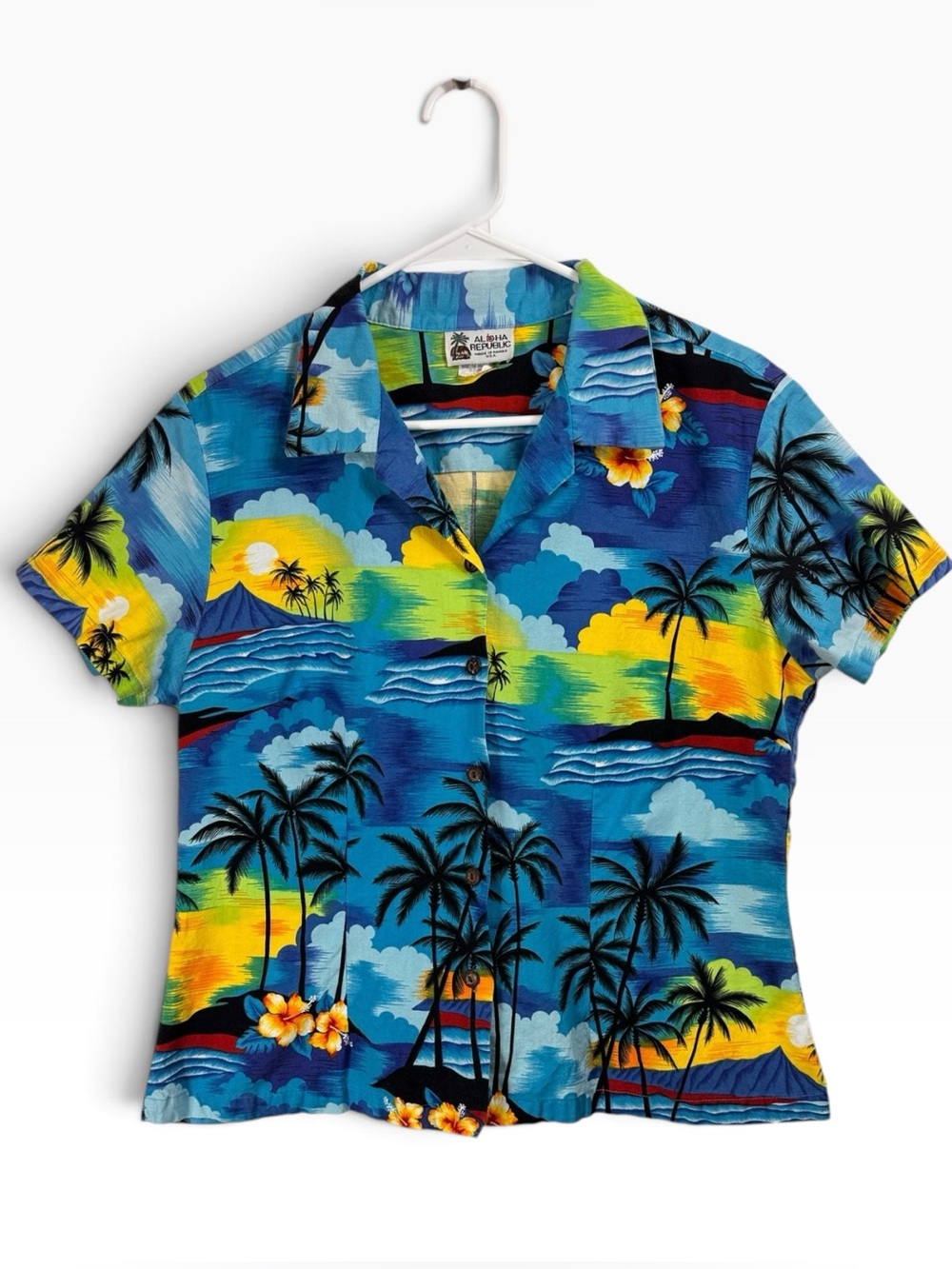 Vintage Hawaiian Camp Shirt Womens Large Blue Tropical Floral Aloha Republic USA